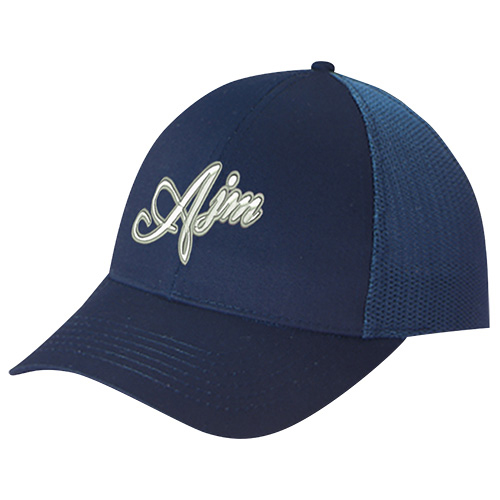 A blue baseball cap promotional product with a logo on the front for AJM.