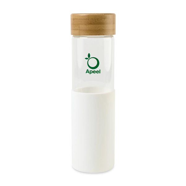 Aviana™ Journey Glass Bottle with a white silicone grop on the bottom 50% of the bottle and a company logo on the glass.