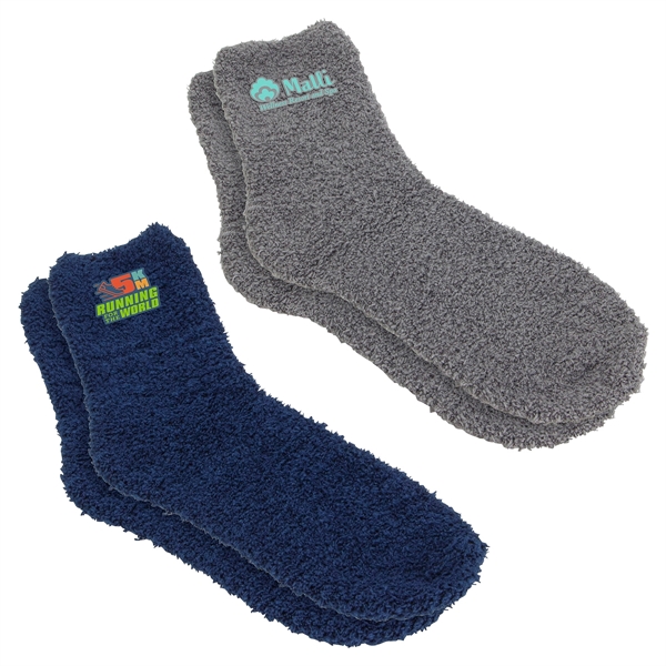 BeWell™ Cozy Comfort Socks in gray and navy with promotional logos.