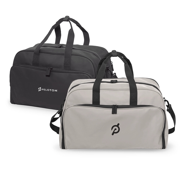 Two Call of the Wild Metro Weekender bags, one in tan/grey and one in black, with promotional logos for peloton on the front. Beymark can help you promote your brand on a custom promo duffel bag.