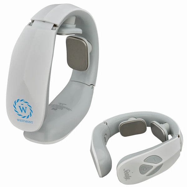 The Sealy® Electric Pulse Neck Massager in grey, showing 2 different angles of the neck massager that uses TENS frequency to massage.