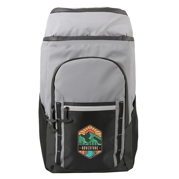 The glacier peak cooler backpack promotional item with branded logo on the front.