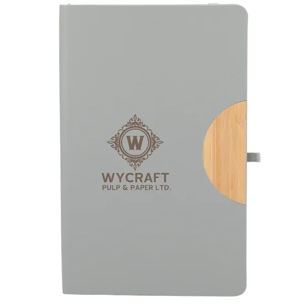 A grey Kaya Recycled PU and Bamboo Journal. This eco friendly journal can have your logo with color print silkscreening.