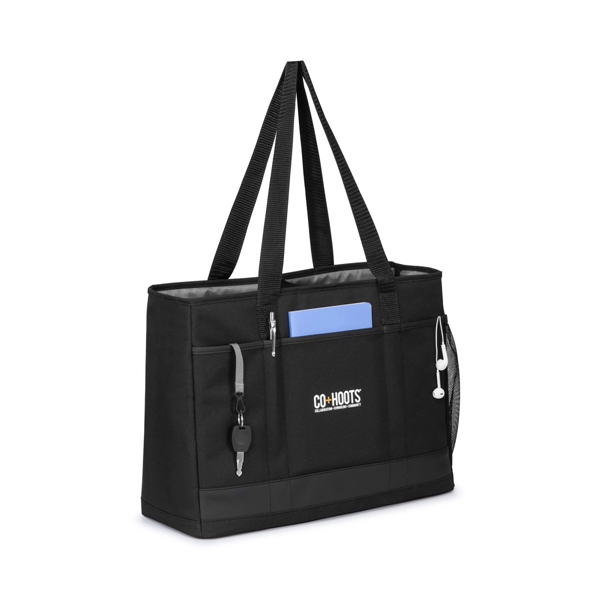 A black mobile office laptop tote, This is a 3/4 view showing the front pockets, key fob, and external side mesh pocket.