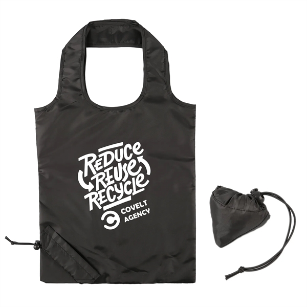 The ReFold foling tote, crafted from 100% recycled 190T Polyester. It is a black foldable tote that has a company logo permapressed onto the front.