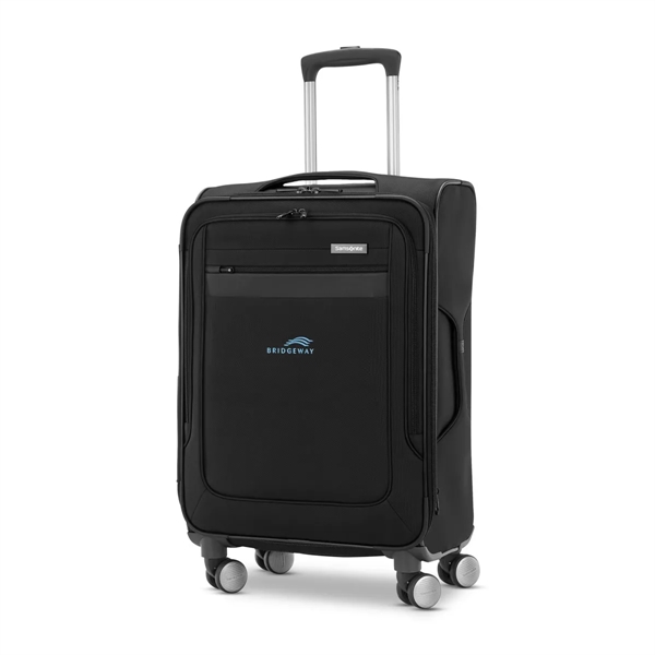 A back carry-on luggage from Samsonite, shows at 3/4 view.